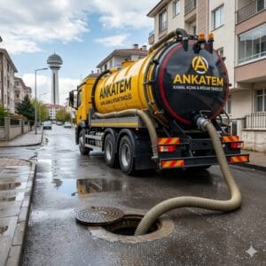 Ankatem profesyonel vidanjör aracı ile Ankara'da kanal açma çalışması.